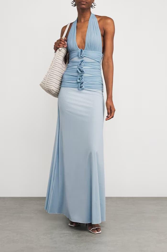 Sheath-Column Maxi Elastic Cloth Stretch Mesh Wedding Guest Dress CG0331 - Light Blue - COCOMELODY